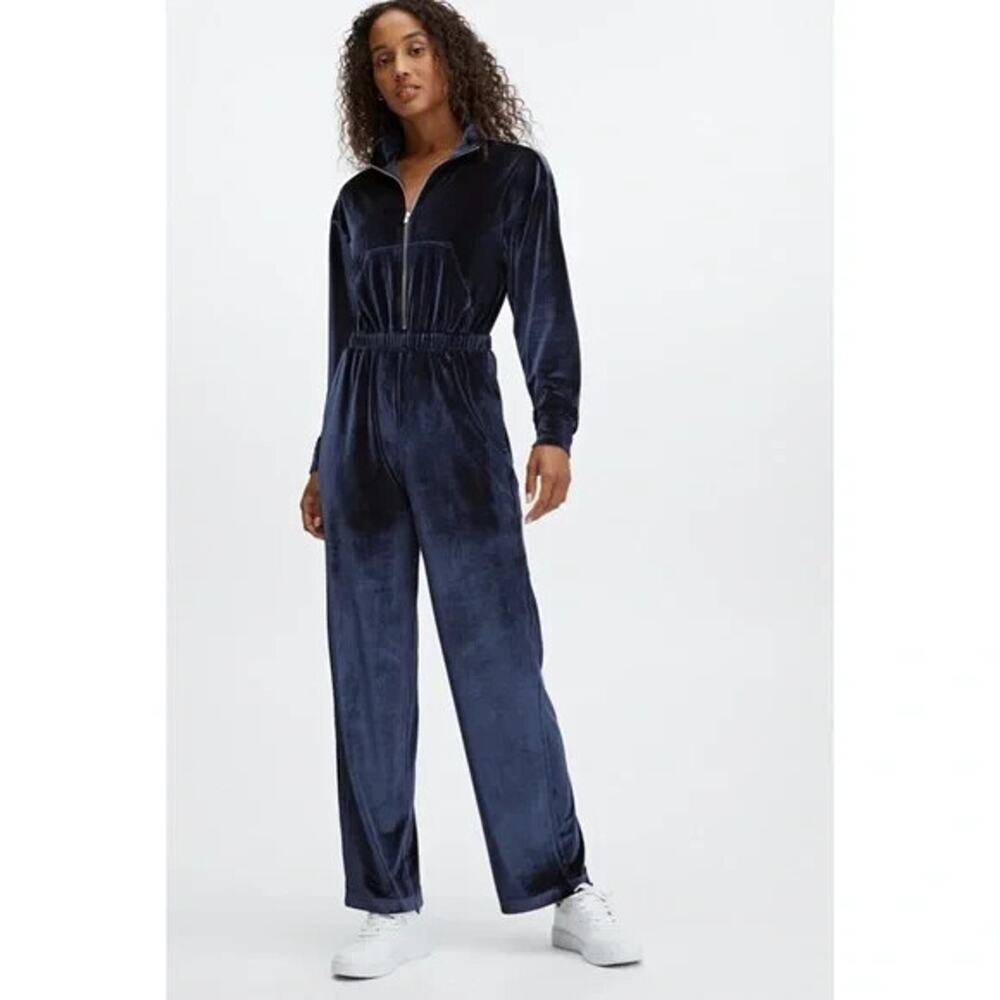 NEW Fabletics Jumpsuit Womens L Blue Velour Zip Up Wide Leg One Piece